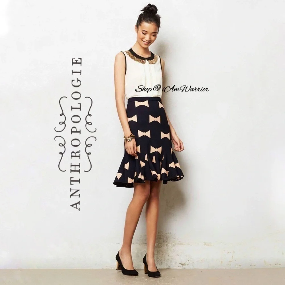 Anthropologie {Eva Franco} navy & blush pink bow tie print flounce skirt